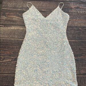 Windsor Silver Sequin Mini Dress Spaghetti Strap Bodycon